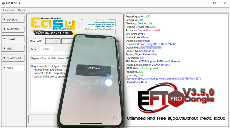 Icloud Bypass EFT Dongle Pro Update V3.5.0 Ilimitado y gratuito sin ataduras